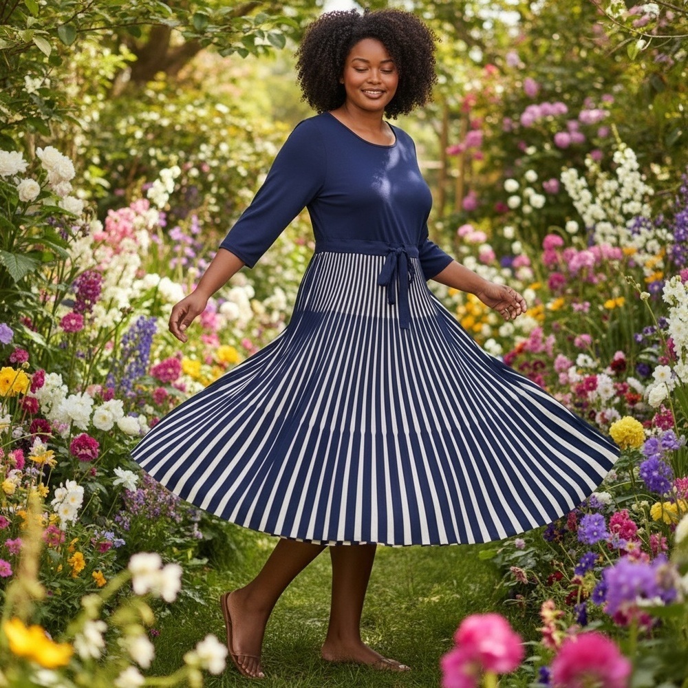 NWT Fever London Navy Blue Striped Knit ‘Ellie’ Midi Dress Plus Size 24
